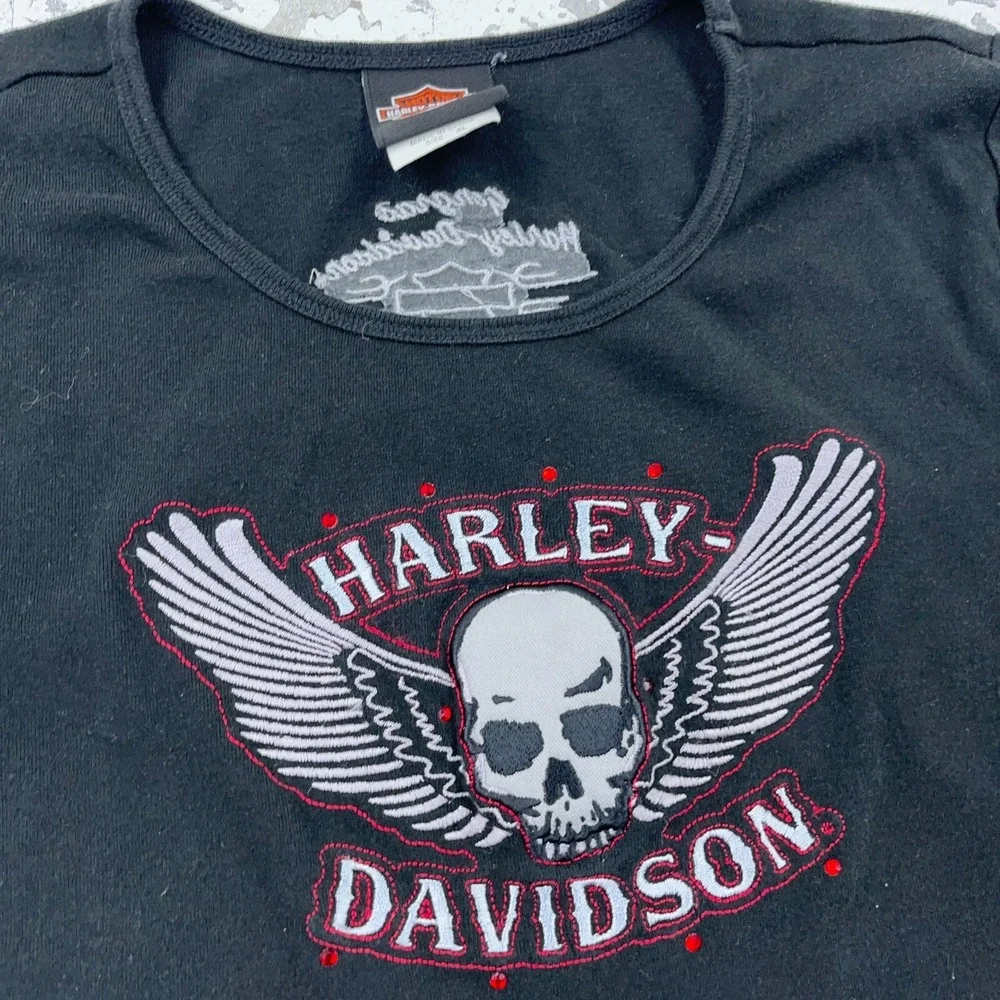 Harley Davidson Shirt Women XL Black Tee Skull Winged Wings Biker Ladies - Picture 3 of 11